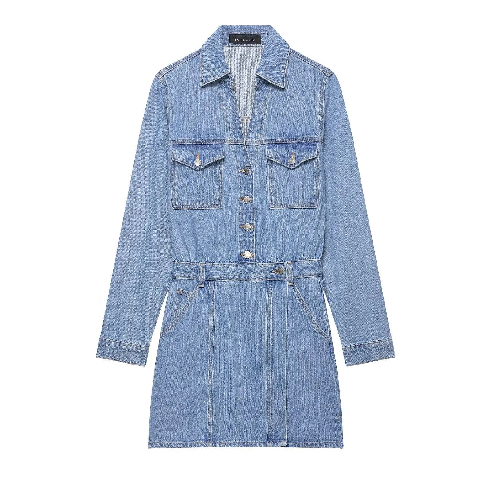 Women's vintage denim dress, solid color, pockets, tie-up collar, long sleeves, single-breasted, short length, office dress.