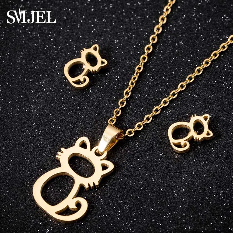 Lovely Gold Color Kitten Cat Stainless Steel Jewelry Set Necklaces Men Collares Fashion Hollow Cat Earring Necklace Paw Jewelry