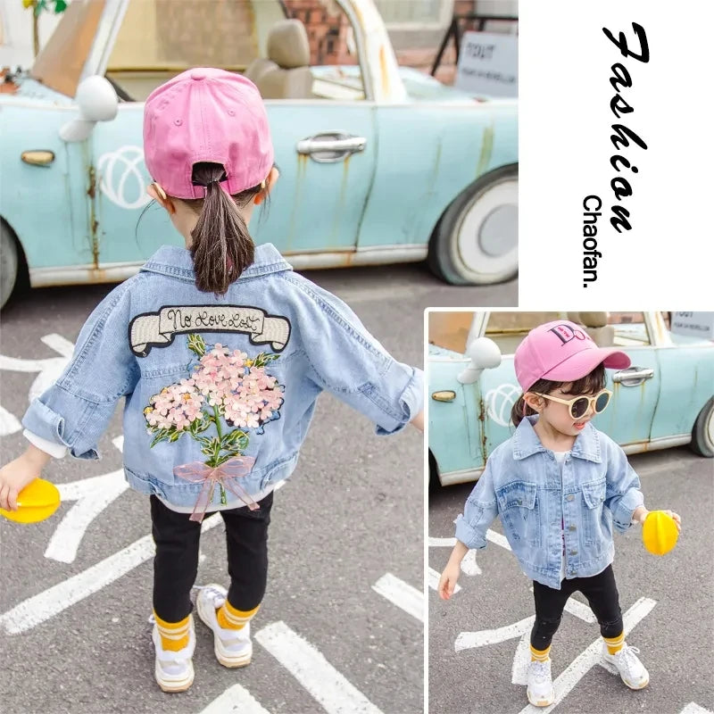 Kids Denim Jackets for Girls Baby New Flower Embroidery Coats Fashion Spring Autumn Children Outwear Ripped Jeans Jackets 1-5Y