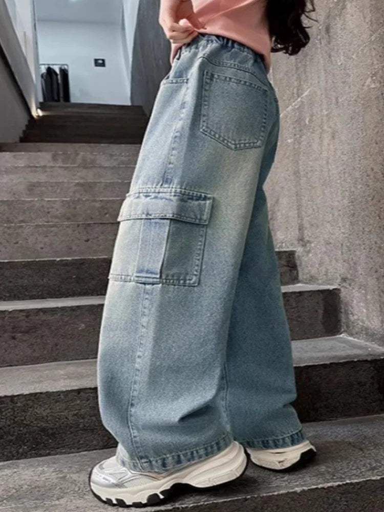 Kids Girls Jeans Pocket Decoration Long Denim Pants Autumn Teenager Children New Sports Casual Straight Trousers For 2-12 Years