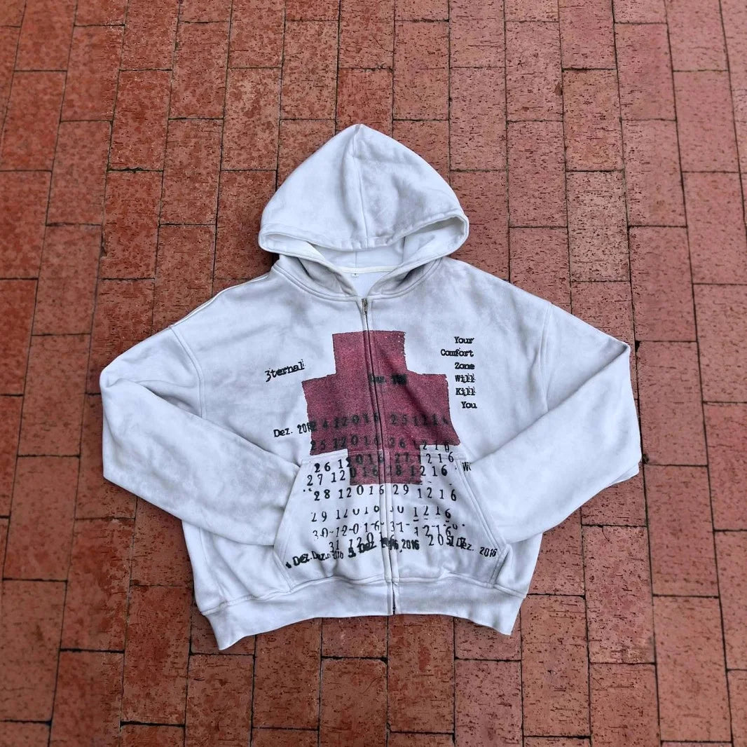 Mens Hoodie Vintage Y2K Streetwear Pullover Gray Sweatshirt Red Cross Print Distressed Style Long Sleeve Casual Dark Fashion