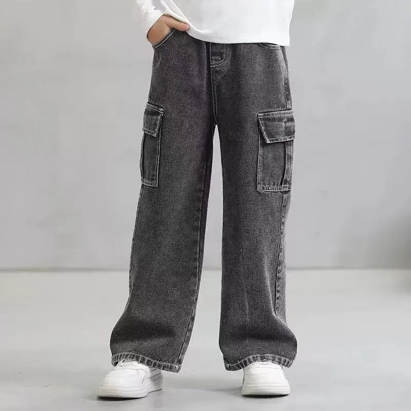 Kids Girls Jeans Pocket Decoration Long Denim Pants Autumn Teenager Children New Sports Casual Straight Trousers For 2-12 Years