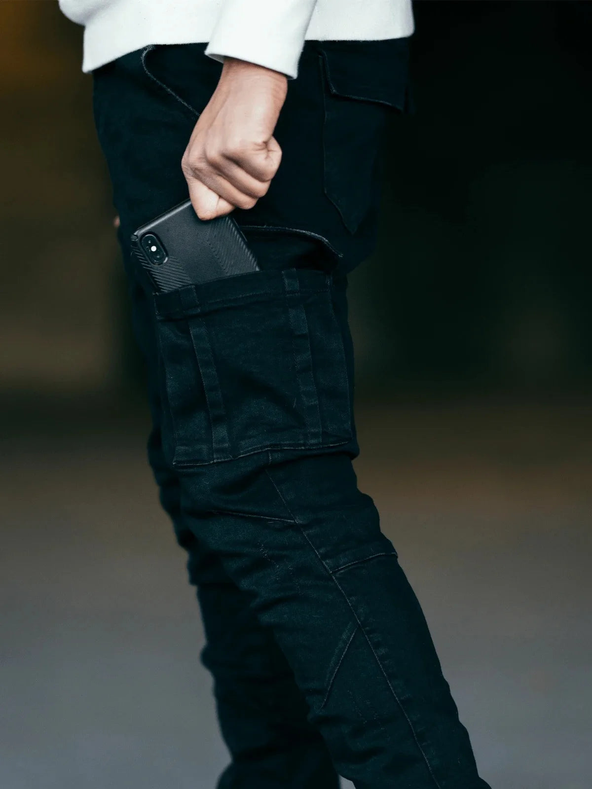 Men's street elastic denim work pants washed solid color multi pocket casual mid waist pants slim fit daily wear jogging pants