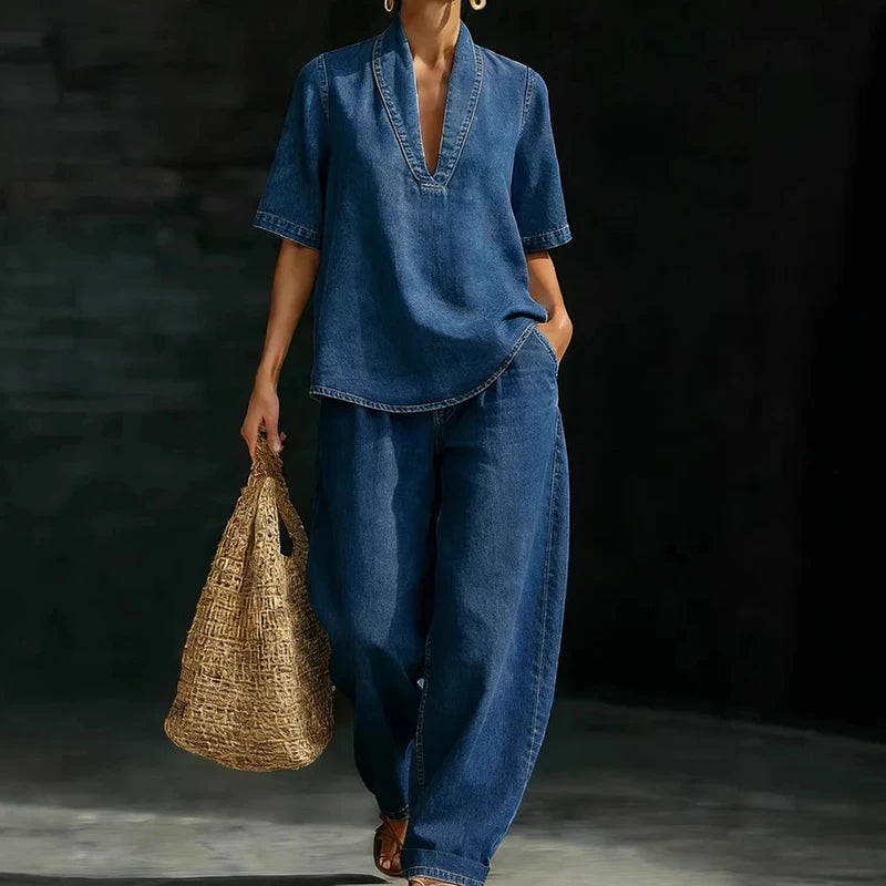 Women's Denim 2 Piece Outfit V-Neck Short Sleeve Loose Top Wide Leg Pants with Pockets Vintage Washed Casual Summer Chic