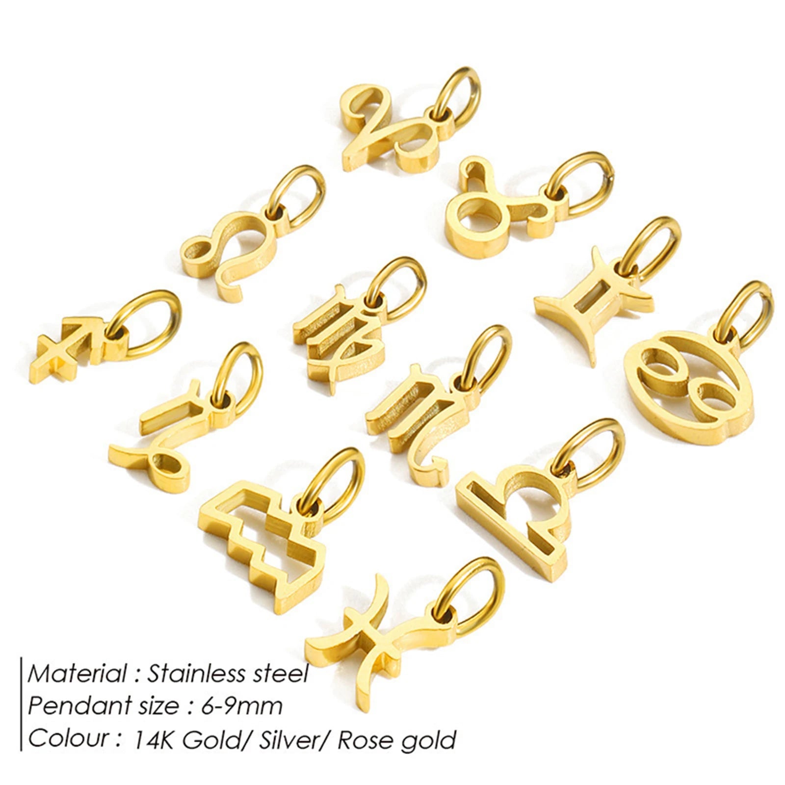 12pcs Gold Plated Stainless Steel Pendant 12 Zodiac Zircon Silver/Gold Color Charms for DIY Necklace Jewelry Making Accessorie