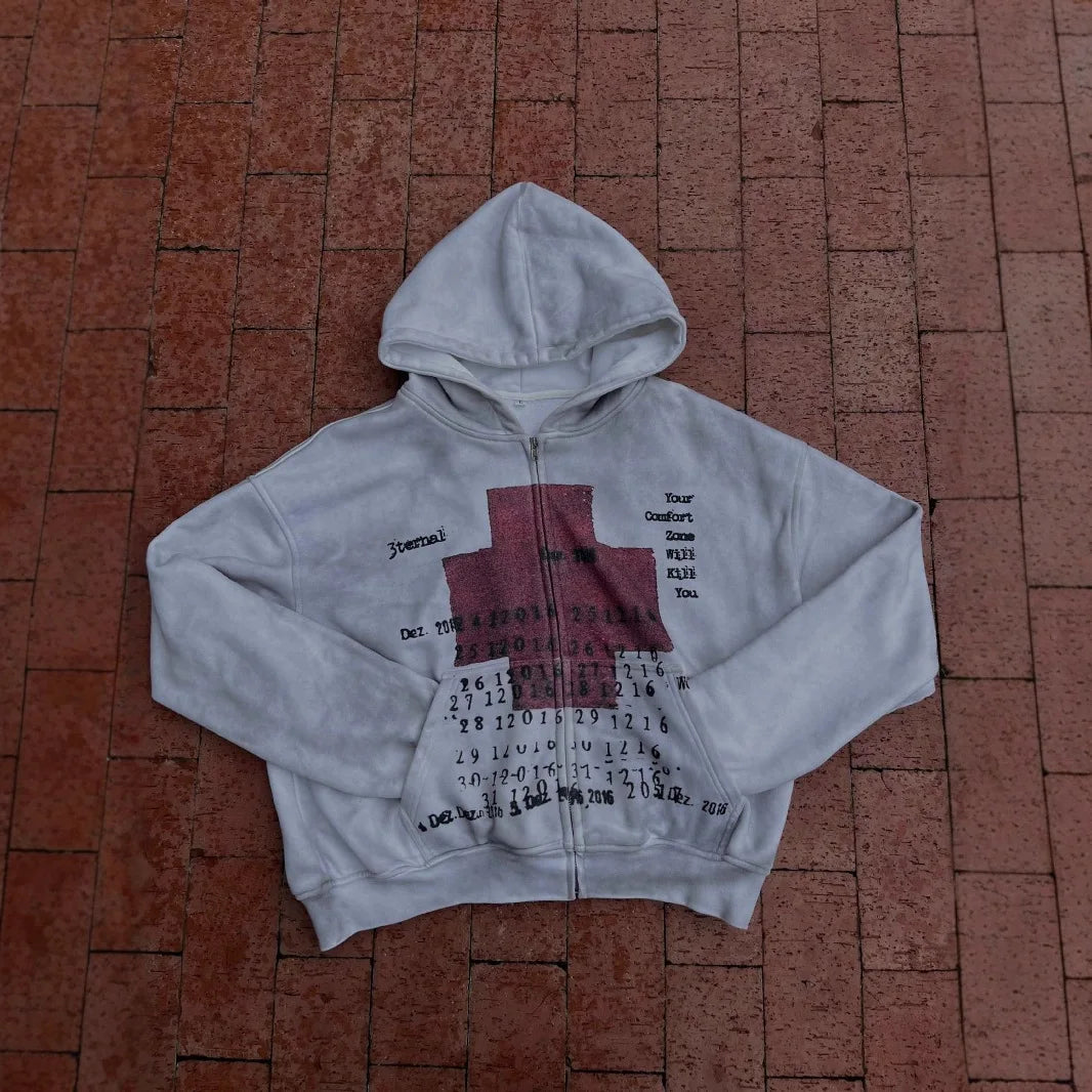 Mens Hoodie Vintage Y2K Streetwear Pullover Gray Sweatshirt Red Cross Print Distressed Style Long Sleeve Casual Dark Fashion
