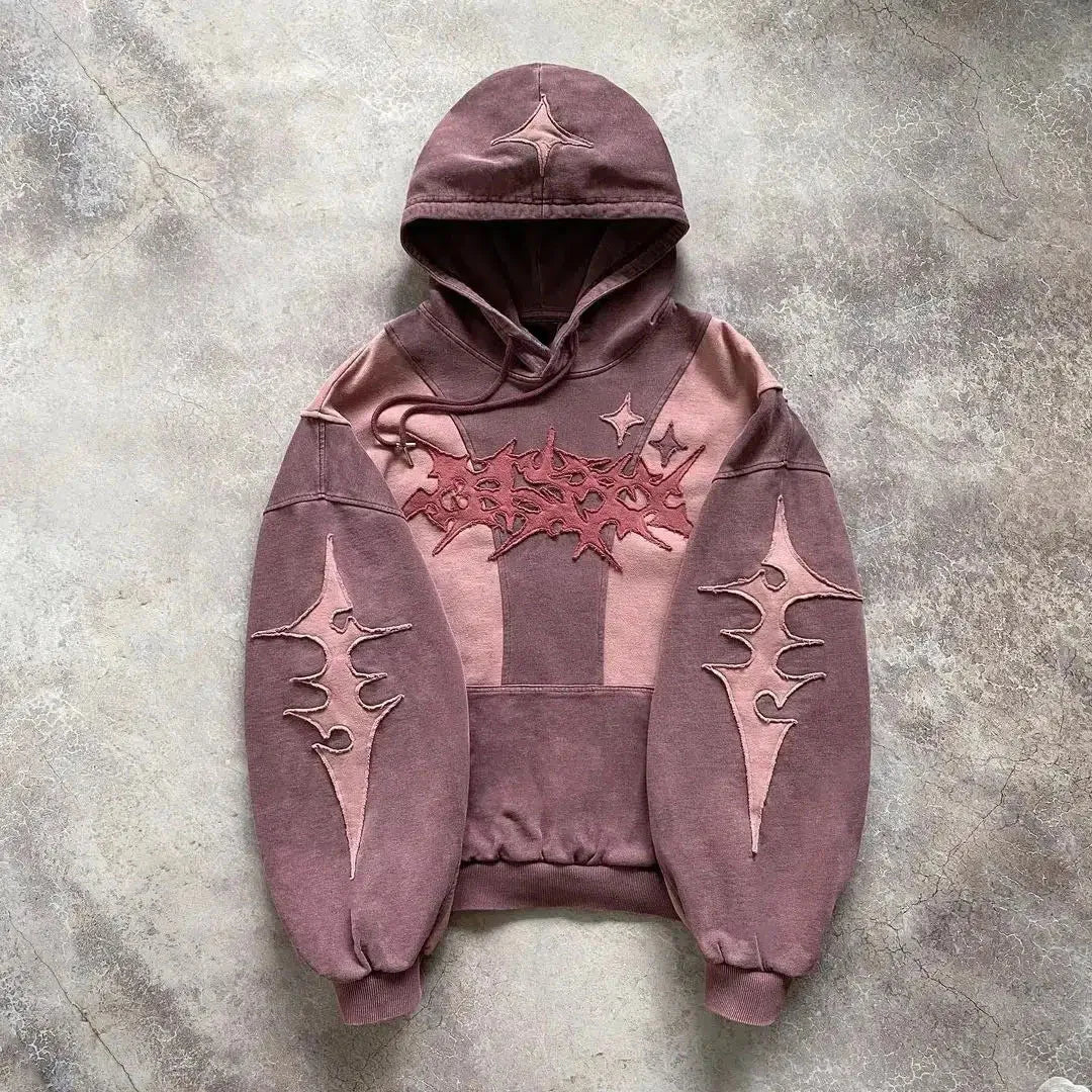 American street style high-end English embroidery collage hoodie with hat, new trendy unisex loose hoodie