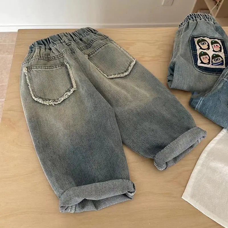 Kids Jeans Fashion Cartoon Ripped Denim Pants Jeans for Girls and Boys Korean Children Clothes Wide Leg Pants 2-10 Y Bottom Part