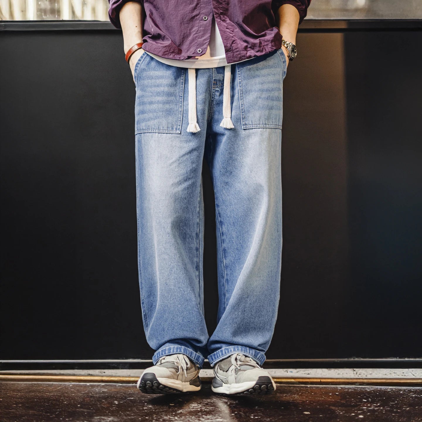 Maden Men's Washed Denim Jeans Wide Leg Straight Pants Elastic Waist Drawstring Loose Fit Casual Trousers for Spring Fall