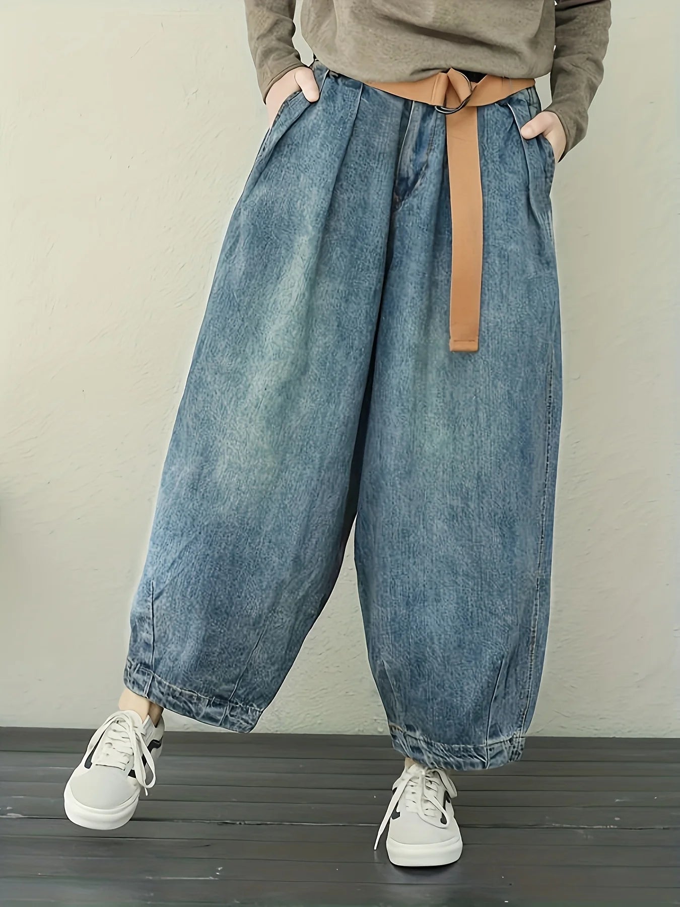 Women's Denim Cropped Pants, Loose Fit, Casual Retro Harem Pants