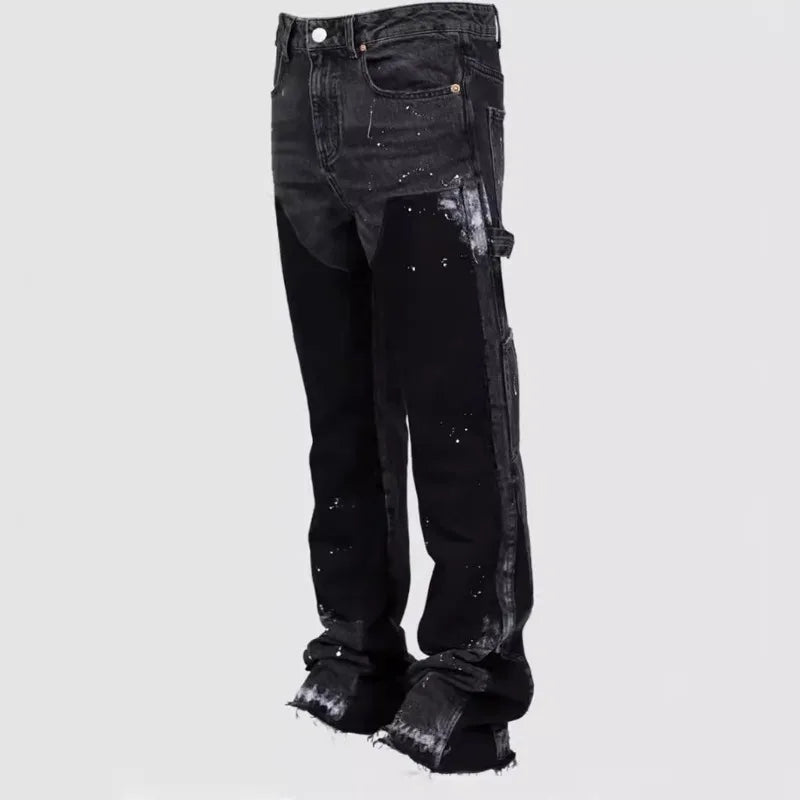 Men's Denim Work Pants workwear, Elastic Patch Denim Layered Flared Pants, Spring New Style