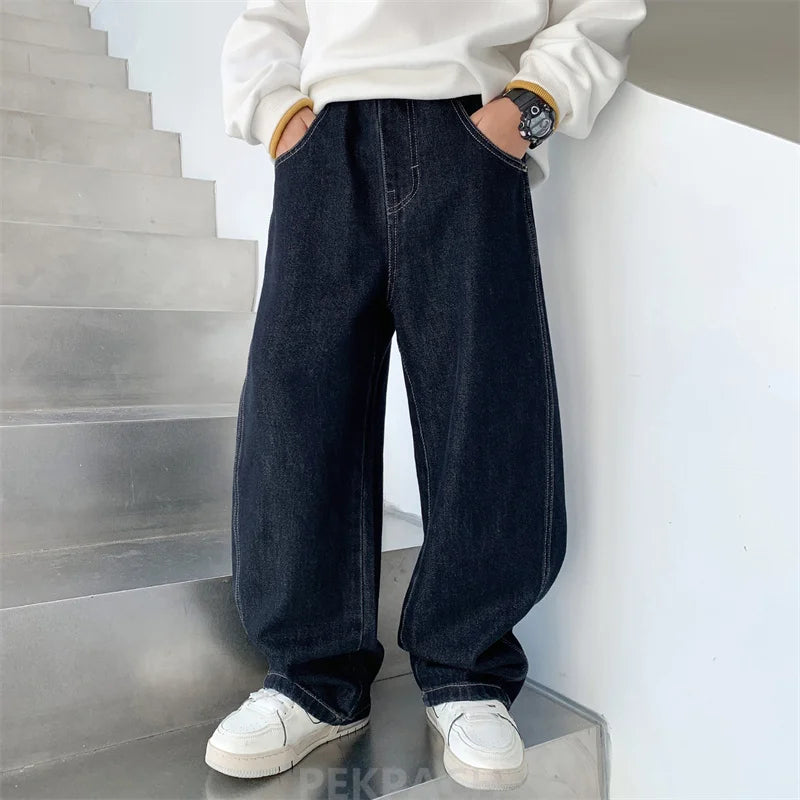Children Vintage Dark Blue Denim Jeans with Pockets for Teens Boys New Casual Pants Kids High Quality Spring Autumn Trousers