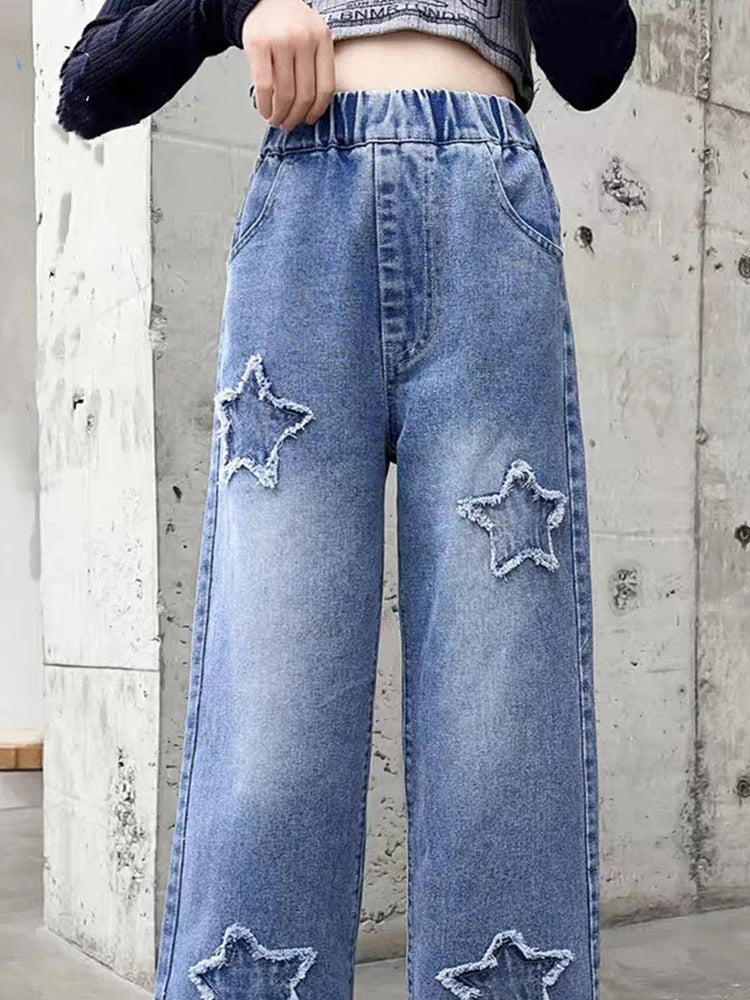 Kids Girls Jeans Pocket Decoration Long Denim Pants Autumn Teenager Children New Sports Casual Straight Trousers For 2-12 Years