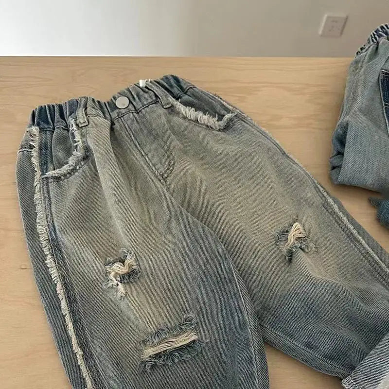 Kids Jeans Fashion Cartoon Ripped Denim Pants Jeans for Girls and Boys Korean Children Clothes Wide Leg Pants 2-10 Y Bottom Part