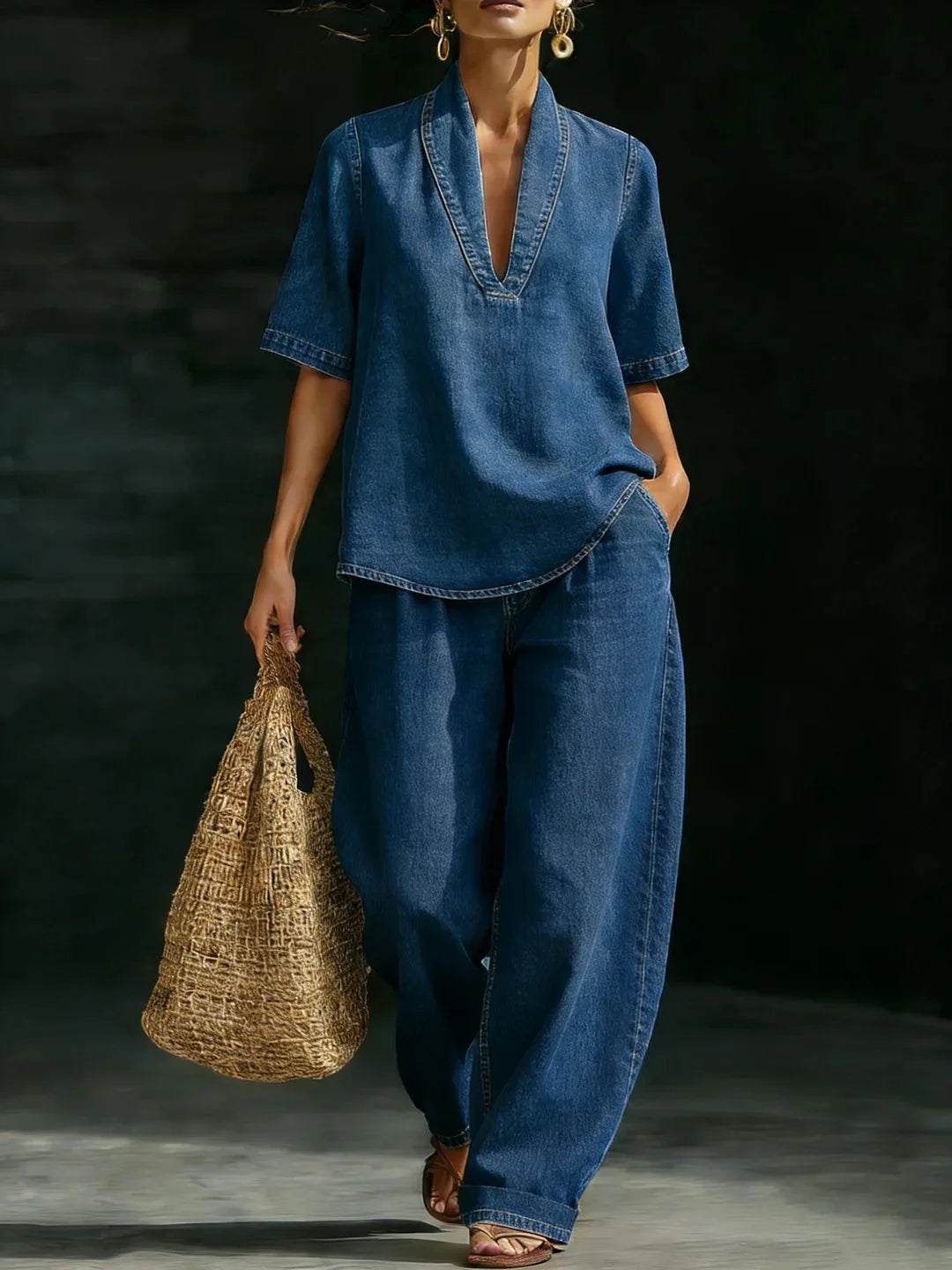 Women's Denim 2 Piece Outfit V-Neck Short Sleeve Loose Top Wide Leg Pants with Pockets Vintage Washed Casual Summer Chic