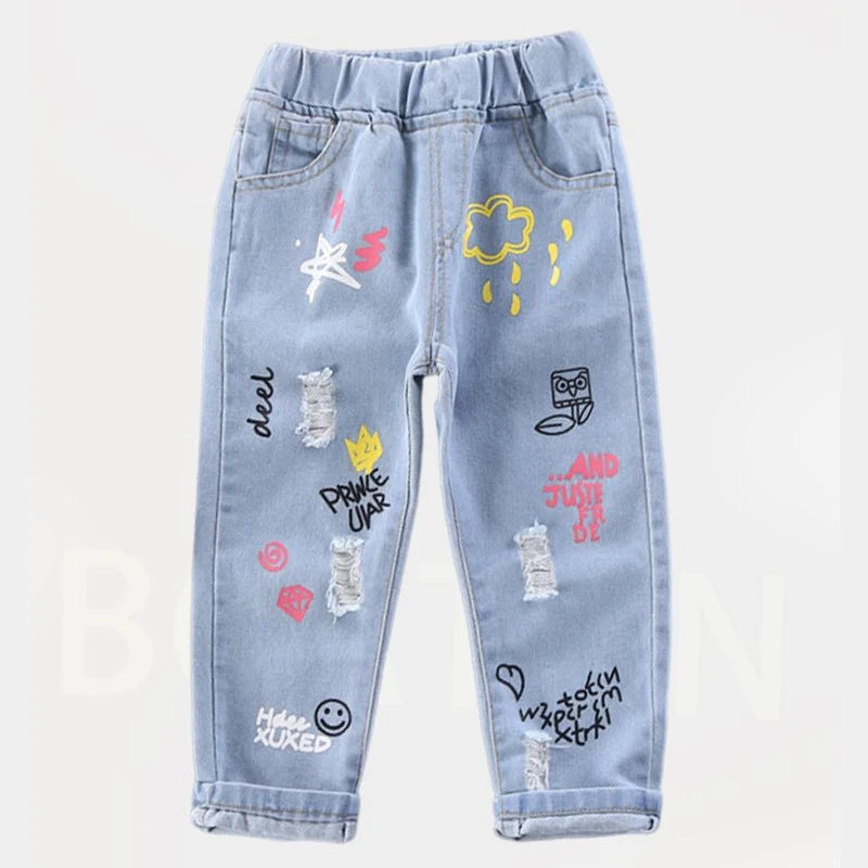 Children Jeans Boys Cotton Print Splice Stretch Denim Pants Korean Teenage Trousers Wear Kids ClothingDenimRipped Spring Autum
