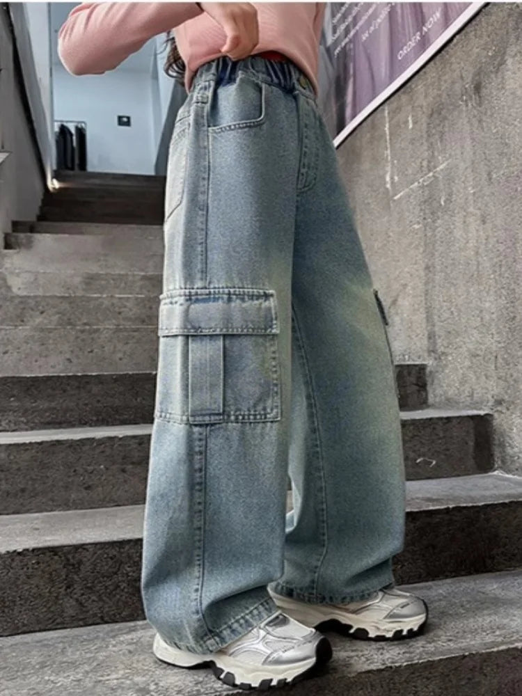 Kids Girls Jeans Pocket Decoration Long Denim Pants Autumn Teenager Children New Sports Casual Straight Trousers For 2-12 Years