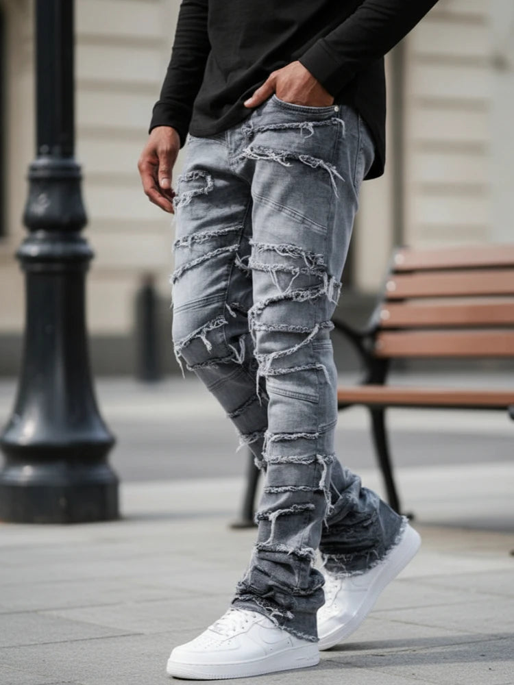 Men's High Street Distressed Stacked Jeans Patchwork Frayed Slim Straight Denim Pants Blue Trendy Fashion Slim Fit Trousers