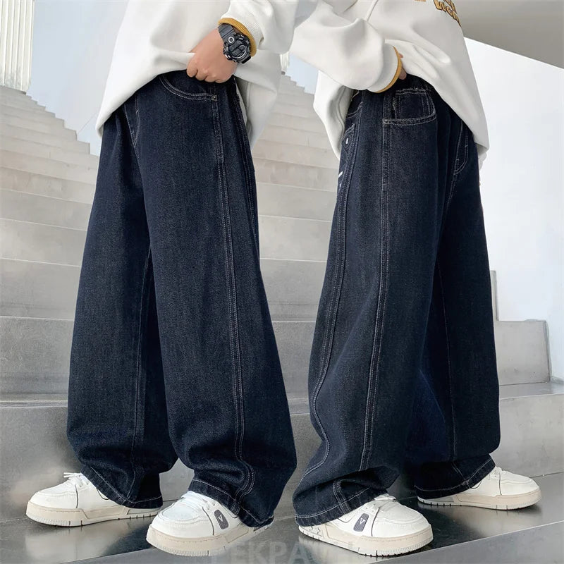 Children Vintage Dark Blue Denim Jeans with Pockets for Teens Boys New Casual Pants Kids High Quality Spring Autumn Trousers