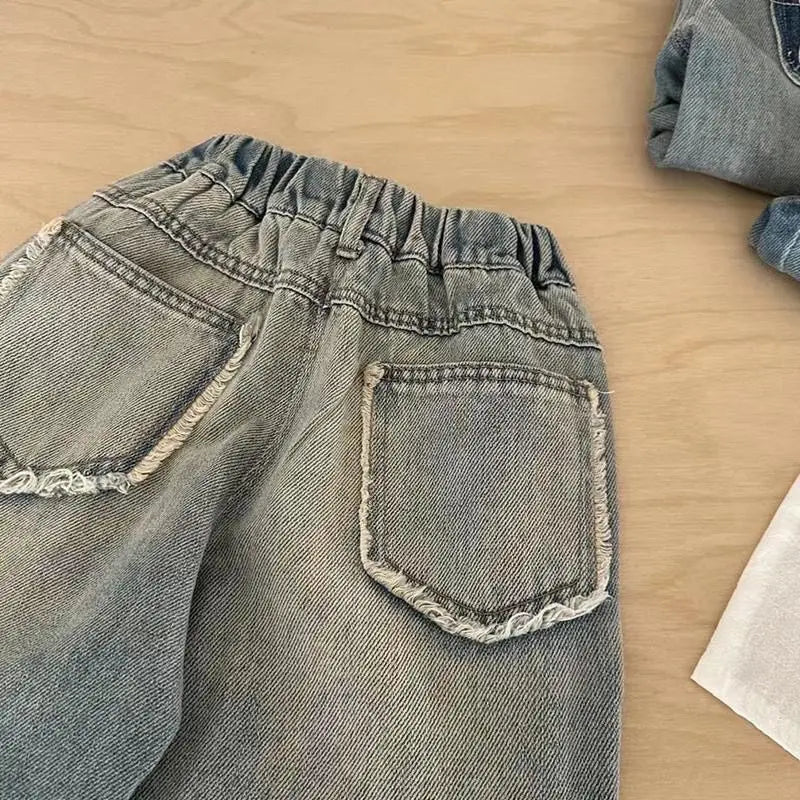Kids Jeans Fashion Cartoon Ripped Denim Pants Jeans for Girls and Boys Korean Children Clothes Wide Leg Pants 2-10 Y Bottom Part