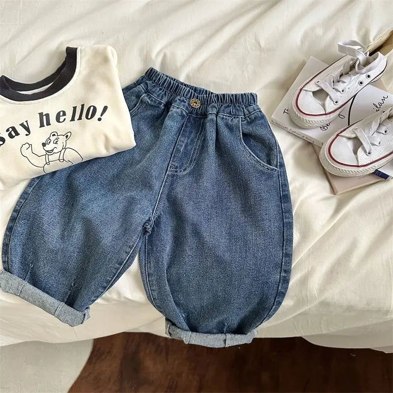 2025 Autumn Kids Denim Pants Loose Fit Jeans for Boys And Girls Casual Trendy Outdoor Clothing 2-7T Trendy Baby Children's Pants