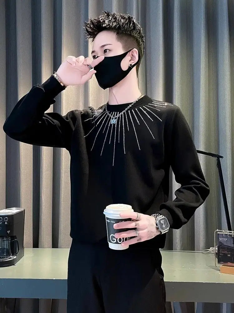 Studded Hoodie Men White Round Neck Long Sleeve T Shirt Trendy Pullover Streetwear Top