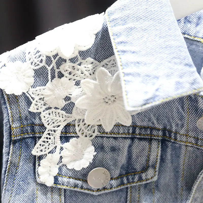 Kids Denim Jackets for Girls Baby New Flower Embroidery Coats Fashion Spring Autumn  Children Outwear Ripped Jeans Jackets 1-5Y