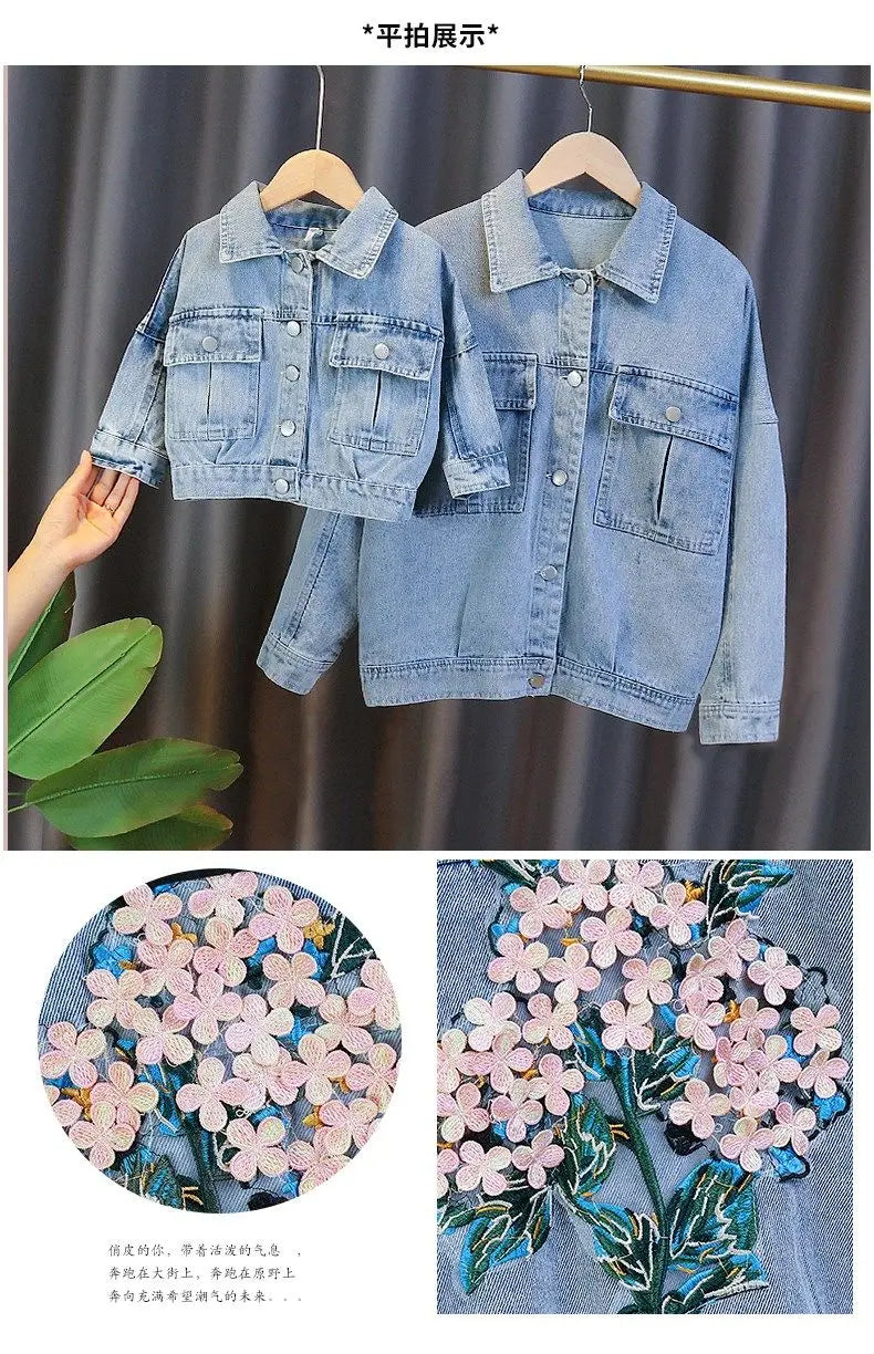 Kids Denim Jackets for Girls Baby New Flower Embroidery Coats Fashion Spring Autumn  Children Outwear Ripped Jeans Jackets 1-5Y