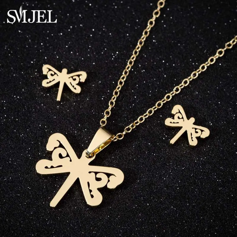 Lovely Gold Color Kitten Cat Stainless Steel Jewelry Set Necklaces Men Collares Fashion Hollow Cat Earring Necklace Paw Jewelry