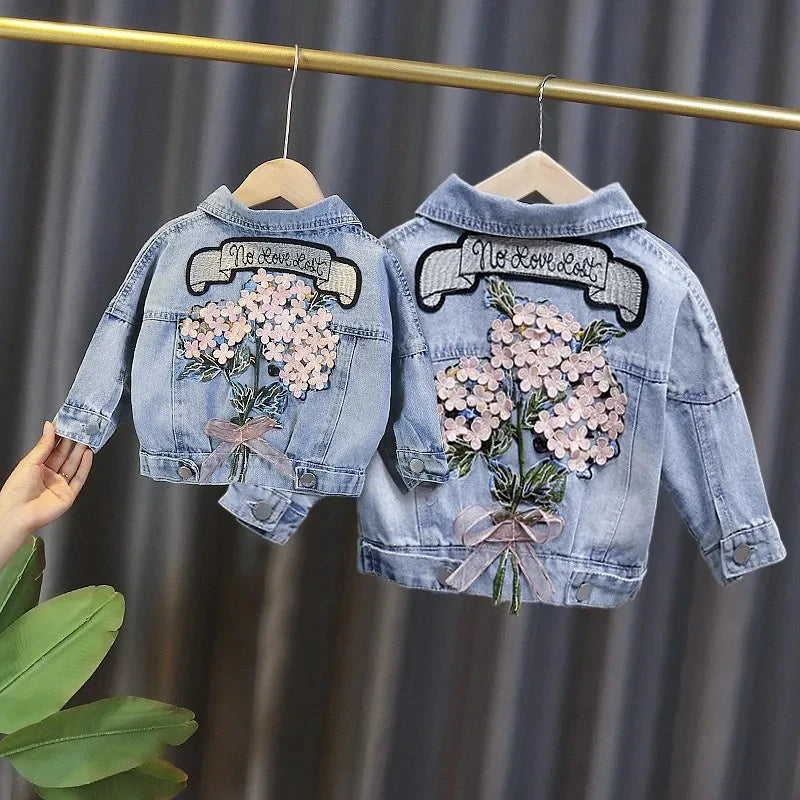 Kids Denim Jackets for Girls Baby New Flower Embroidery Coats Fashion Spring Autumn  Children Outwear Ripped Jeans Jackets 1-5Y