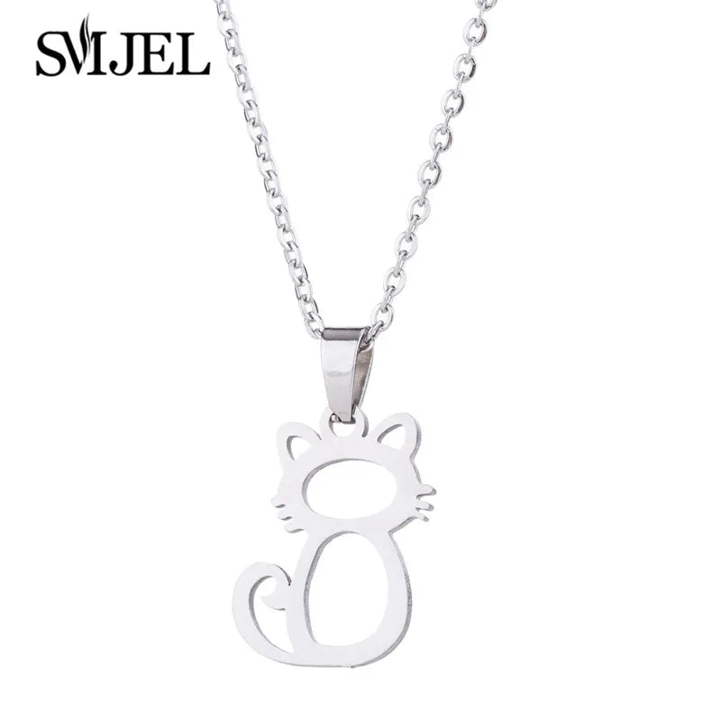 Lovely Gold Color Kitten Cat Stainless Steel Jewelry Set Necklaces Men Collares Fashion Hollow Cat Earring Necklace Paw Jewelry