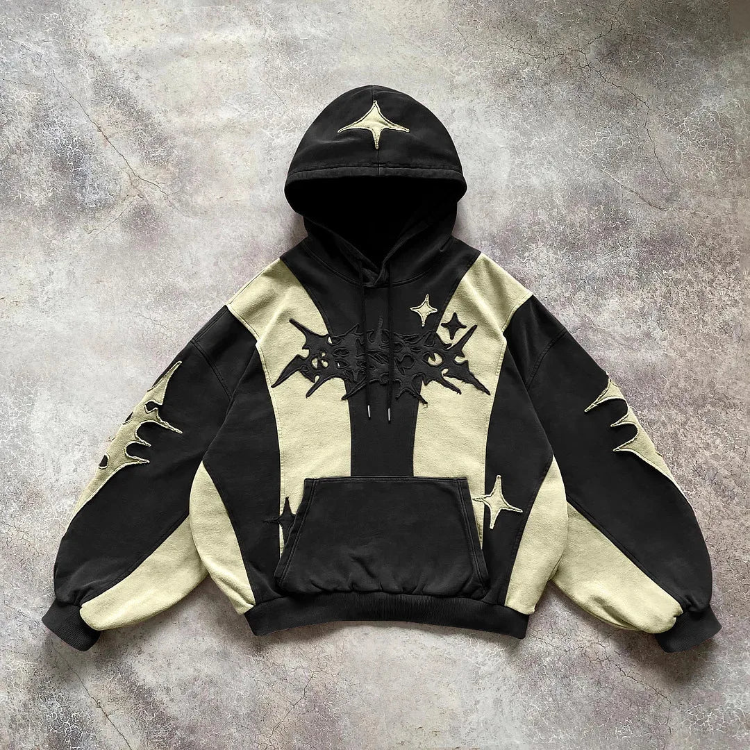 American street style high-end English embroidery collage hoodie with hat, new trendy unisex loose hoodie