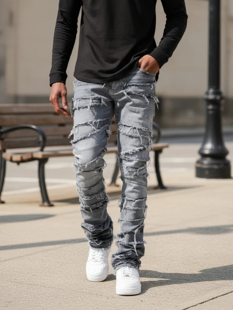 Men's High Street Distressed Stacked Jeans Patchwork Frayed Slim Straight Denim Pants Blue Trendy Fashion Slim Fit Trousers