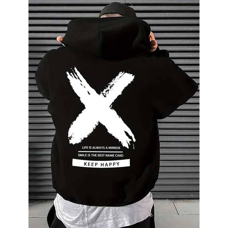Men's Fashion Street Hip Hop Hoodie Letter Pattern Printed Drawstring Suitable for Spring and Autumn Casual Loose Sweatshirt