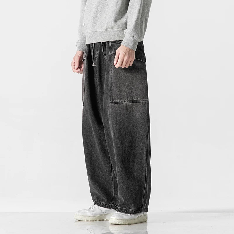 2023 Men Straight Denim Pants Men Blue Jeans Loose Trousers Male Causal Oversize Wide Leg Pants Elastic Waist Black Jeans