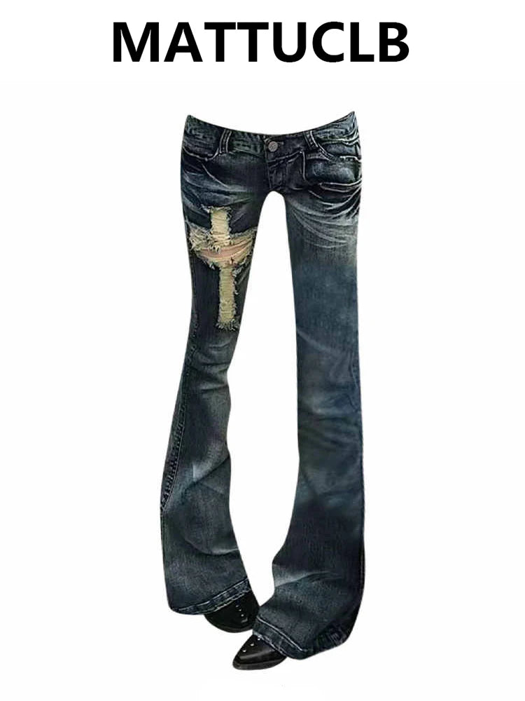 Women's Ripped Denim Pants Korean 2000s American Retro Skinny Abi Low Rise Flare Jeans Skinny Long Trousers Japanese Y2k Grunge