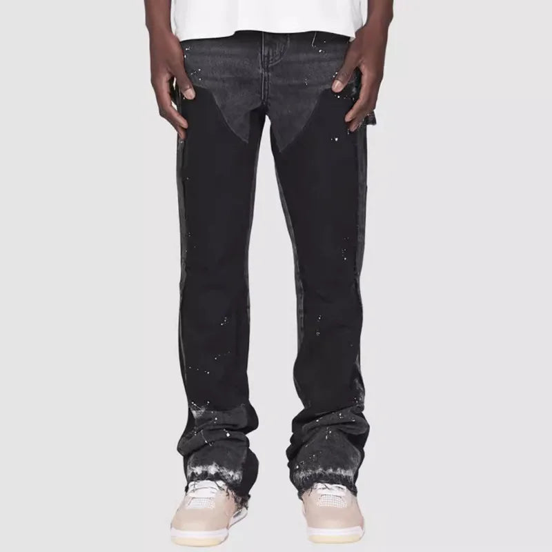 Men's Denim Work Pants workwear, Elastic Patch Denim Layered Flared Pants, Spring New Style