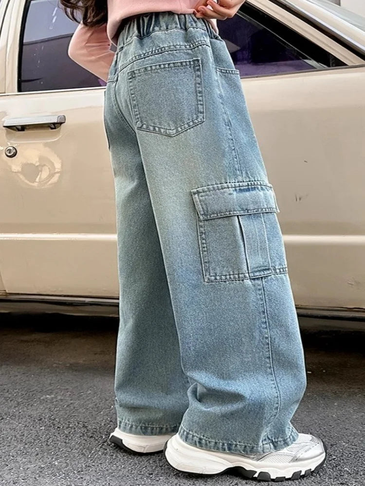 Kids Girls Jeans Pocket Decoration Long Denim Pants  Autumn Teenager Children New Sports Casual Straight Trousers For 2-12 Years
