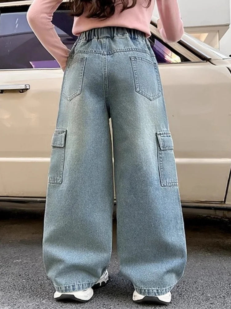Kids Girls Jeans Pocket Decoration Long Denim Pants  Autumn Teenager Children New Sports Casual Straight Trousers For 2-12 Years