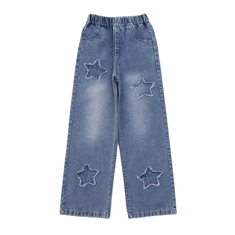 Kids Girls Jeans Pocket Decoration Long Denim Pants  Autumn Teenager Children New Sports Casual Straight Trousers For 2-12 Years