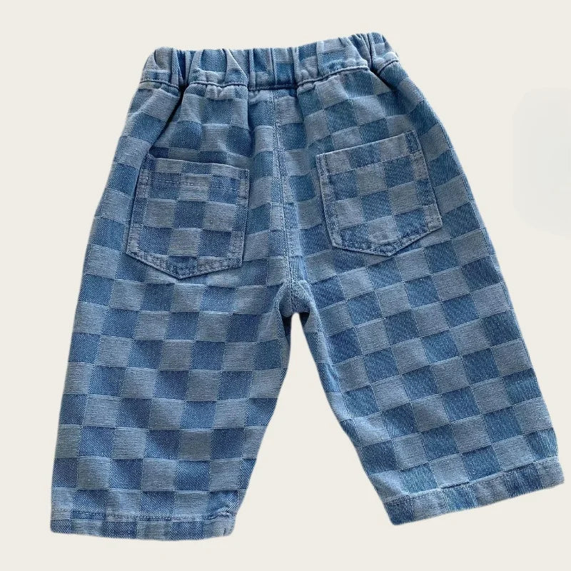 0-5Y Korean Children's Denim Pants Clothes 2026 Checkered Jeans with Stylish and Comfortable Fashion for Little Kids Trousers