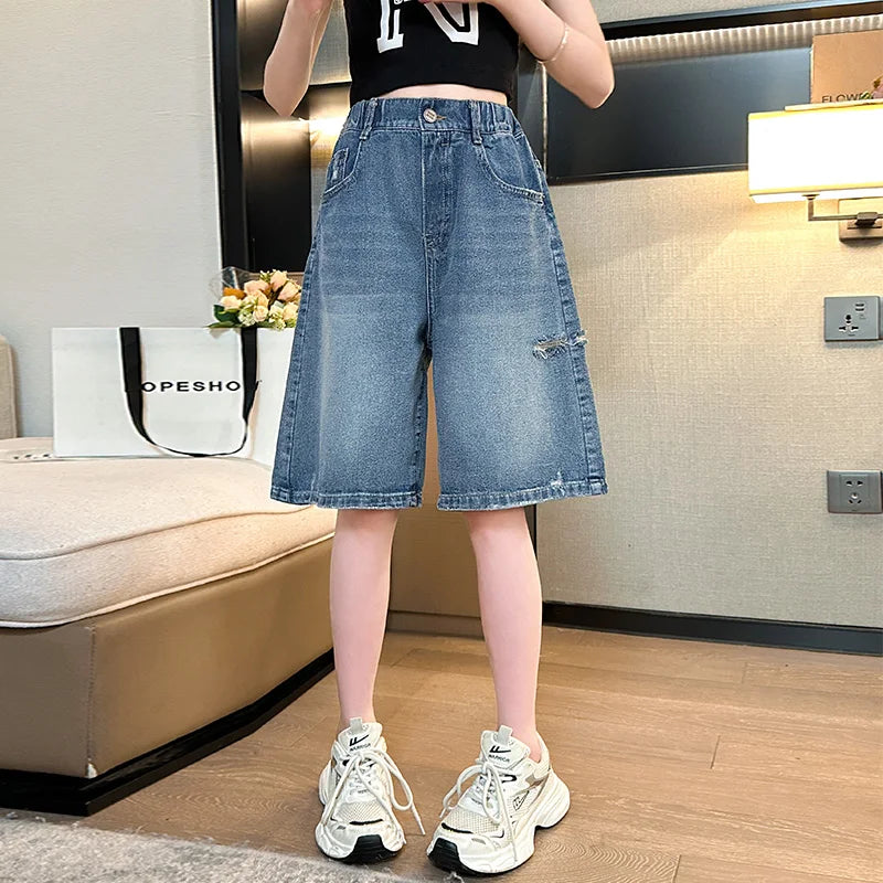 Kids New Summer Denim Shorts For Teen Girls Casual Knee-Length Jeans with Hole Elegant Teenage Child Fashion Shorts Pants 5-14T