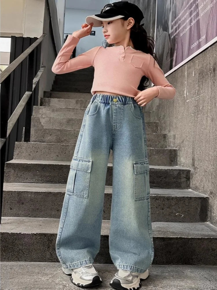 Kids Girls Jeans Pocket Decoration Long Denim Pants  Autumn Teenager Children New Sports Casual Straight Trousers For 2-12 Years