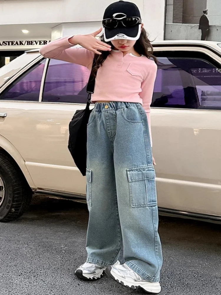 Kids Girls Jeans Pocket Decoration Long Denim Pants  Autumn Teenager Children New Sports Casual Straight Trousers For 2-12 Years