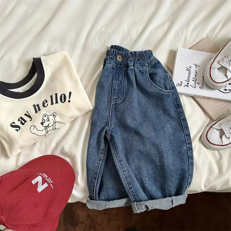 2025 Autumn Kids Denim Pants Loose Fit Jeans for Boys And Girls Casual Trendy Outdoor Clothing 2-7T Trendy Baby Children's Pants
