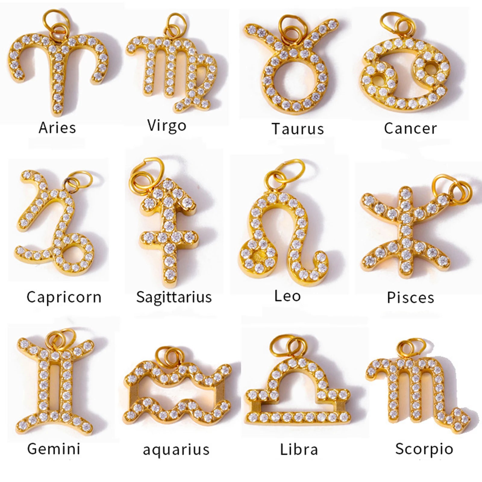 12pcs Gold Plated Stainless Steel Pendant 12 Zodiac Zircon Silver/Gold Color Charms for DIY Necklace Jewelry Making Accessorie