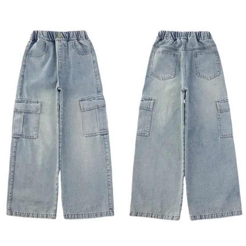 Kids Girls Jeans Pocket Decoration Long Denim Pants  Autumn Teenager Children New Sports Casual Straight Trousers For 2-12 Years