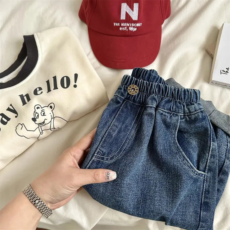 2025 Autumn Kids Denim Pants Loose Fit Jeans for Boys And Girls Casual Trendy Outdoor Clothing 2-7T Trendy Baby Children's Pants