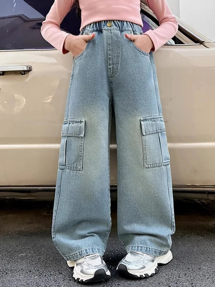 Kids Girls Jeans Pocket Decoration Long Denim Pants  Autumn Teenager Children New Sports Casual Straight Trousers For 2-12 Years