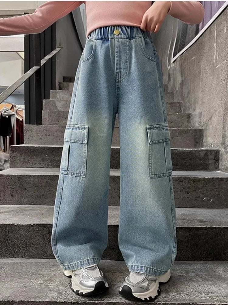 Kids Girls Jeans Pocket Decoration Long Denim Pants  Autumn Teenager Children New Sports Casual Straight Trousers For 2-12 Years